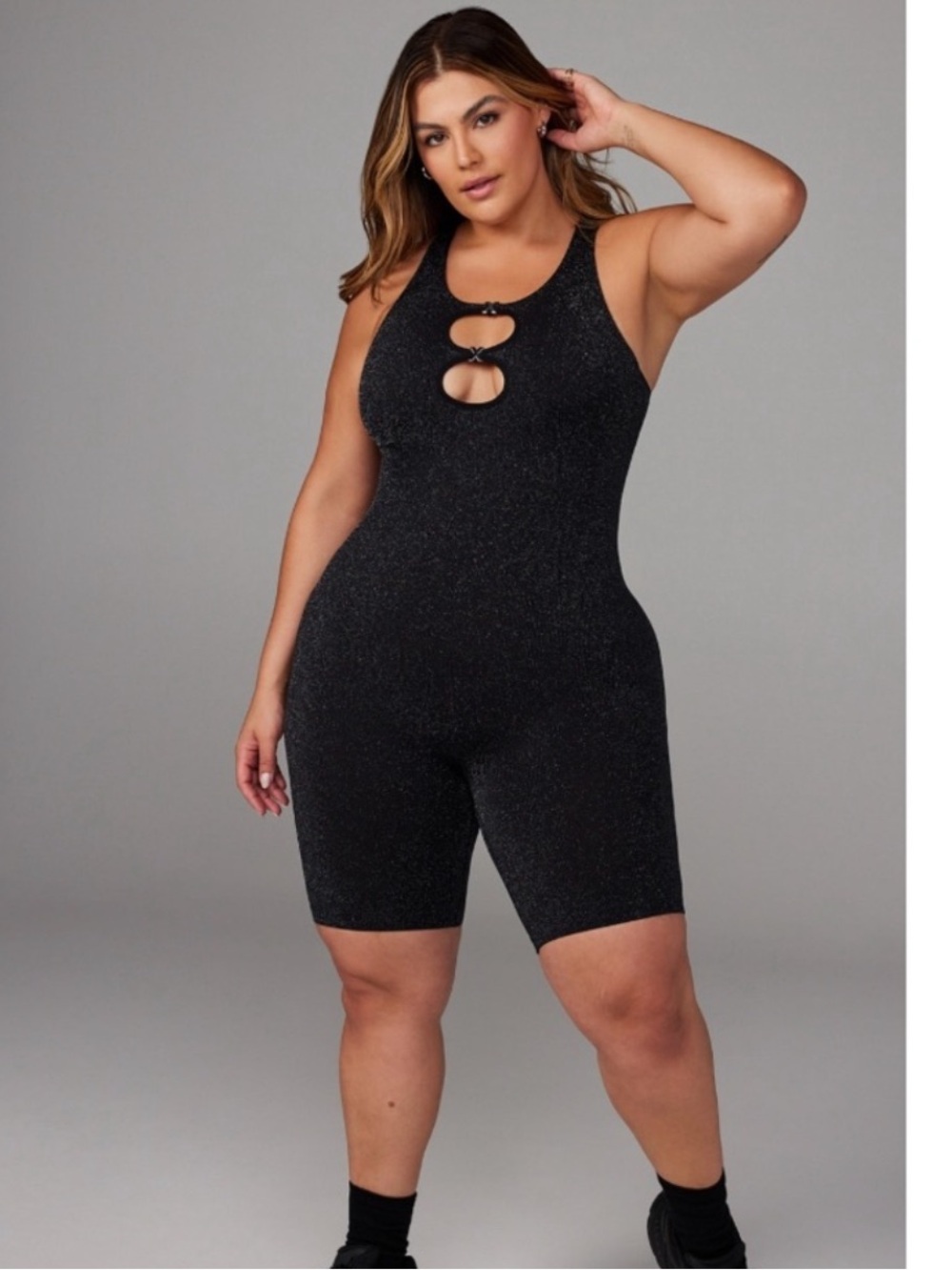 Savage X Fenty Black Caviar Glitter BAWDY DOUBLE KNIT ROMPER Size L 12 14 US